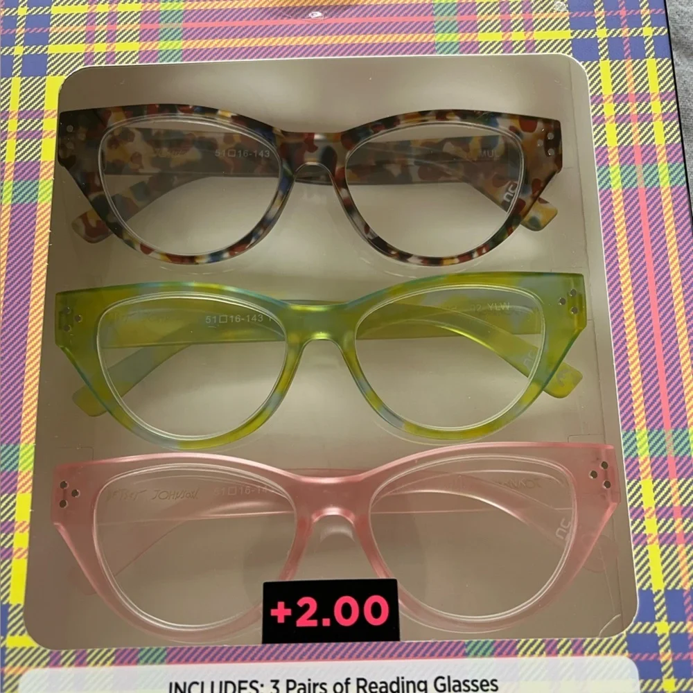 Betsey Johnson 3 Set Reading Cat Eye Glasses 2.50 Pastel Pink Green Brown Set